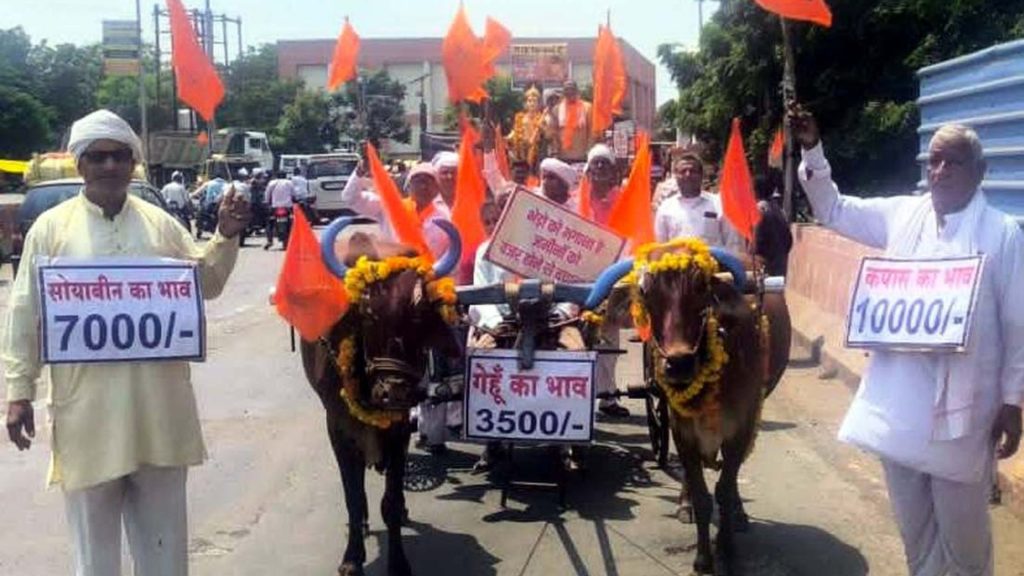 गले में तख्तियां टांग किसानों ने की कपास, सोयाबीन, मक्का, गेहूं खरीदी दाम बढ़ाने की मांग 2 demanding increase in prices
